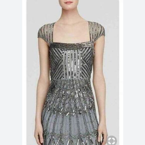 Adriana Papell Beaded Dress with Cap Sleeves in Light Blue & Silver Size 2 - Picture 1 of 16